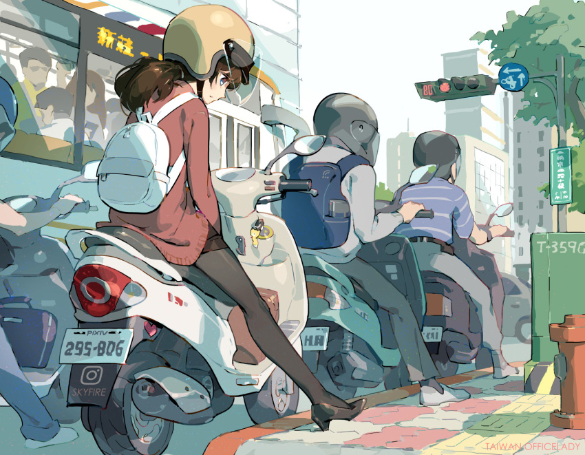 1girl, backpack, bag, black_footwear, black_legwear, black_skirt, brown_hair, bus