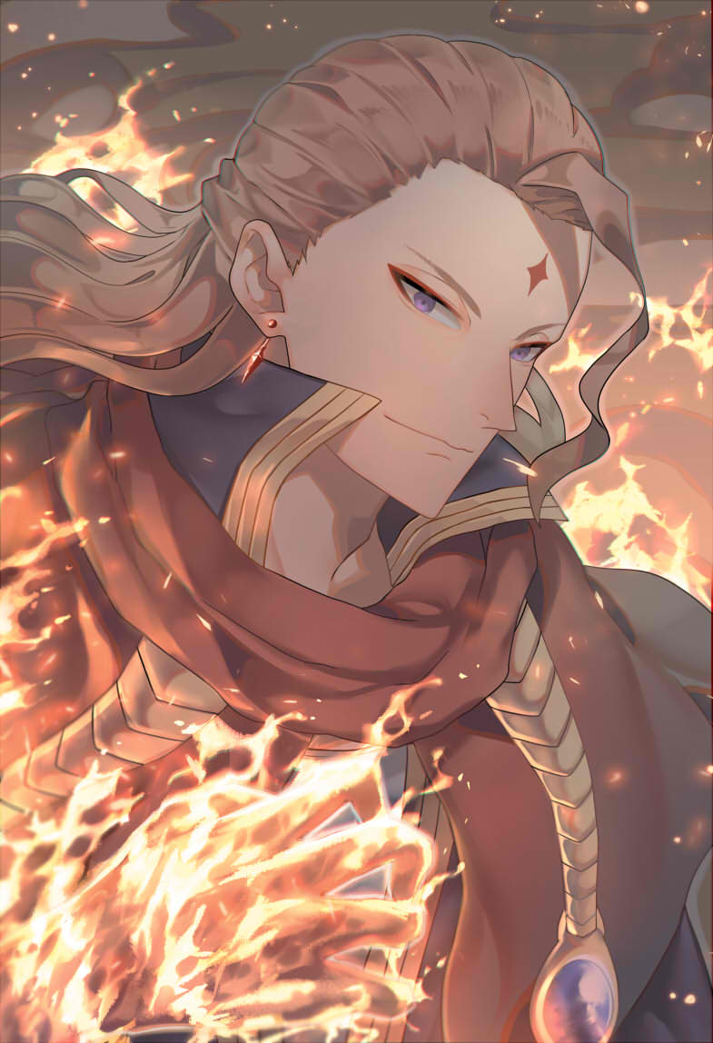 1boy, black_clover, closed_mouth, collar, earrings, eyeliner, facial_mark, fire
