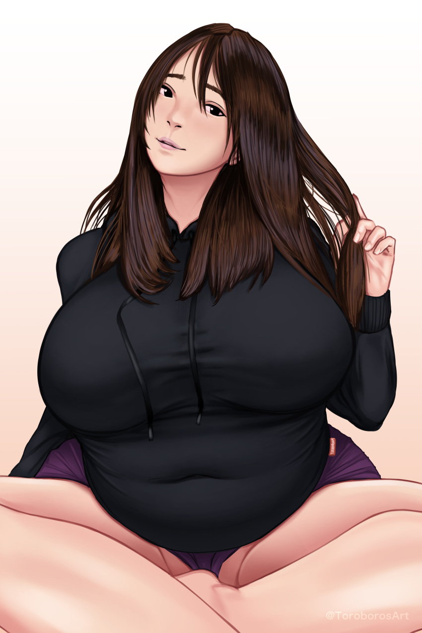 1girl, absurdres, arm_support, bangs, breasts, breasts_apart, brown_hair, covered_navel