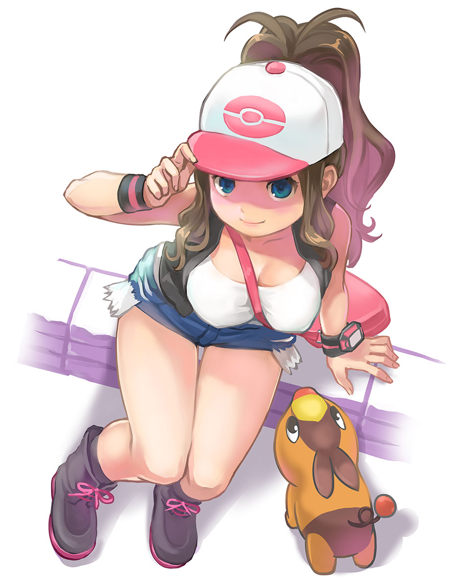1girl, bag, bare_arms, bare_legs, bare_shoulders, baseball_cap, between_breasts, black_vest