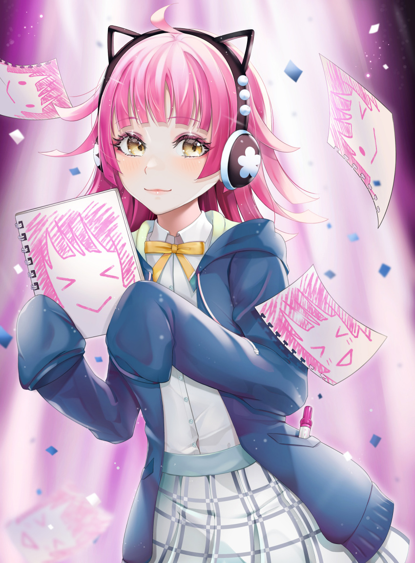 >_<, 1girl, ahoge, akais, animal_ears, bangs, blue_jacket, blush