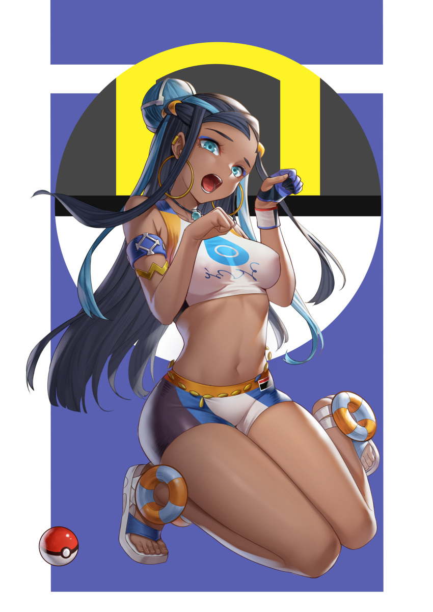 1girl, absurdres, armband, armlet, bare_legs, bare_shoulders, bike_shorts, black_hair
