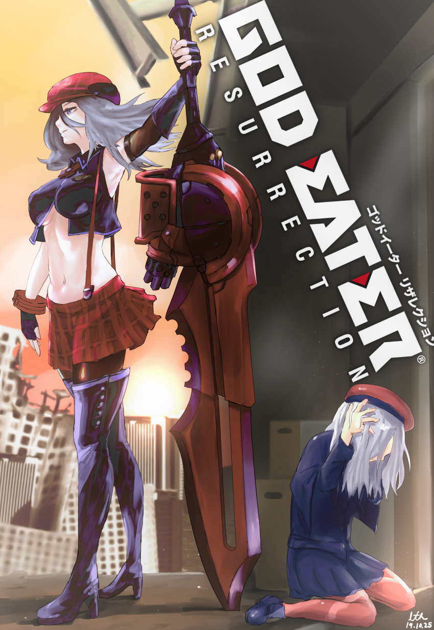 2girls, absurdres, alisa_ilinichina_amiella, armpits, bangs, beret, black_legwear, blue_eyes