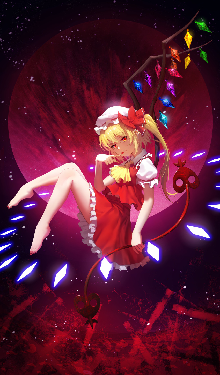 1girl, absurdres, bare_legs, barefoot, blonde_hair, bow, crystal, diamond_(symbol), dress, fang, finger_licking, flandre_scarlet, frilled_shirt_collar, frills, full_body, full_moon, hand_up, hat, hat_ribbon, highres, huge_filesize, laevatein, licking, looking_at_viewer, looking_to_the_side, medium_hair, mob_cap, moon, one_side_up, puffy_short_sleeves, puffy_sleeves, red_eyes, red_moon, red_skirt, red_vest, ribbon, shirt, short_sleeves, side_ponytail, sitting, skirt, sumomo_(sunrainday), tongue, tongue_out, touhou, vest, white_shirt, wings, yellow_neckwear