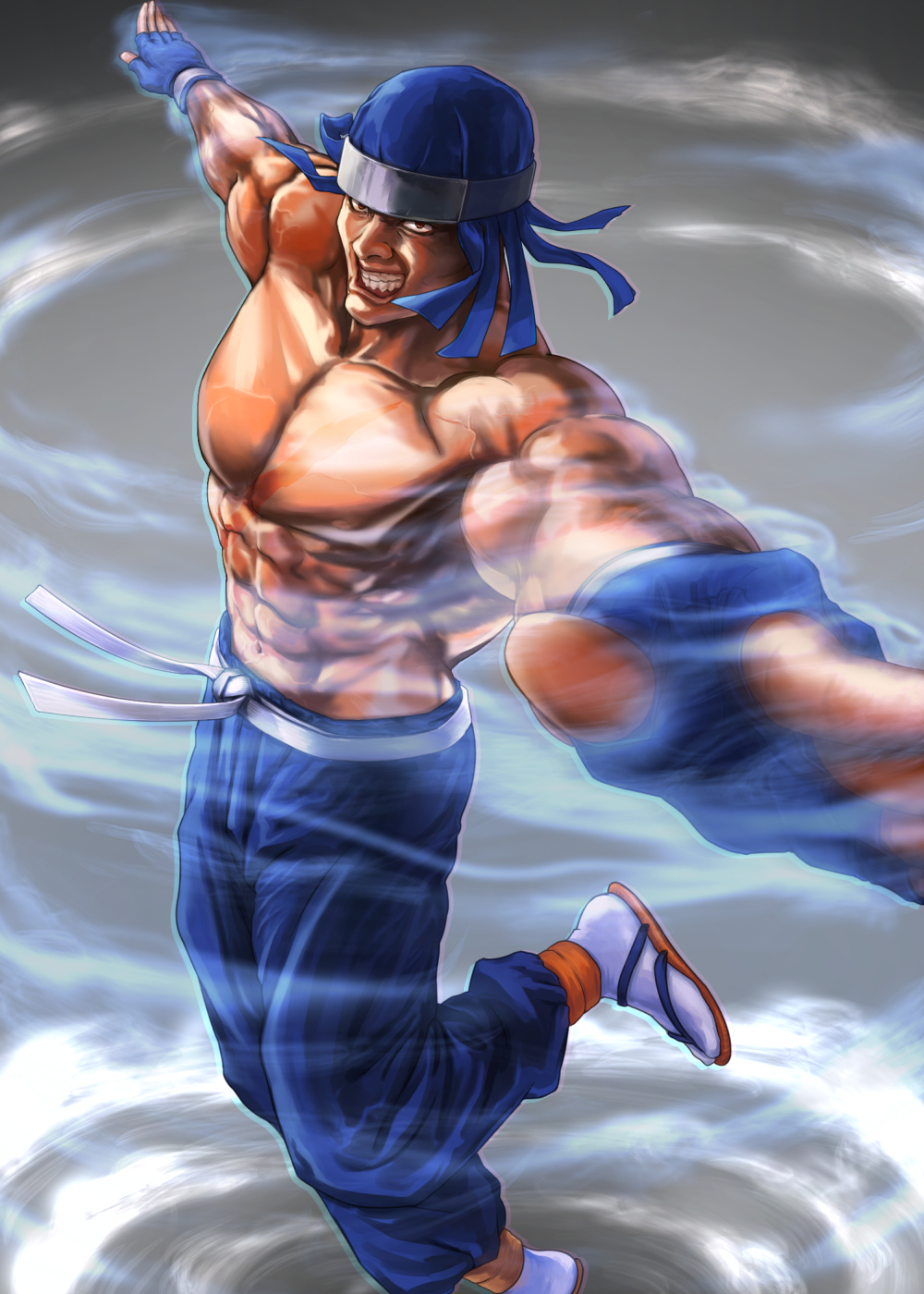 1boy, abs, belt, brown_eyes, fingerless_gloves, fu-ha_jin, gloves, grey_background