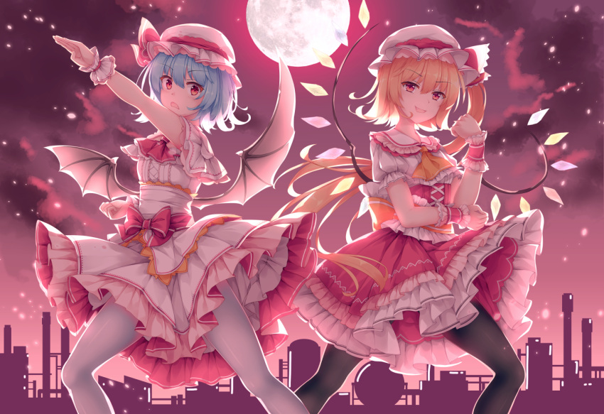 2girls, arms_up, bat_wings, black_legwear, blonde_hair, blue_hair, capelet, clenched_hands