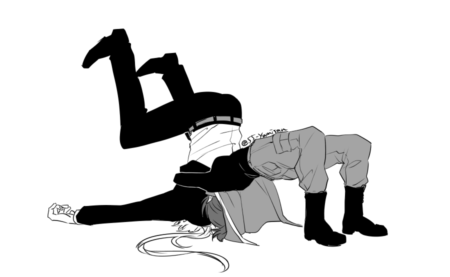 1boy, 1girl, 55_yamisan, black_sweater, capelet, fifteen_(katana_zero), formal, hagiwara56, hat, hat_removed, headhunter_(katana_zero), headwear_removed, jacket, katana_zero, long_hair, meme, military, military_uniform, monochrome, parody, ponytail, shirt, shoes, suit, suplex, sweater, tied_hair, turtleneck, turtleneck_sweater, uniform