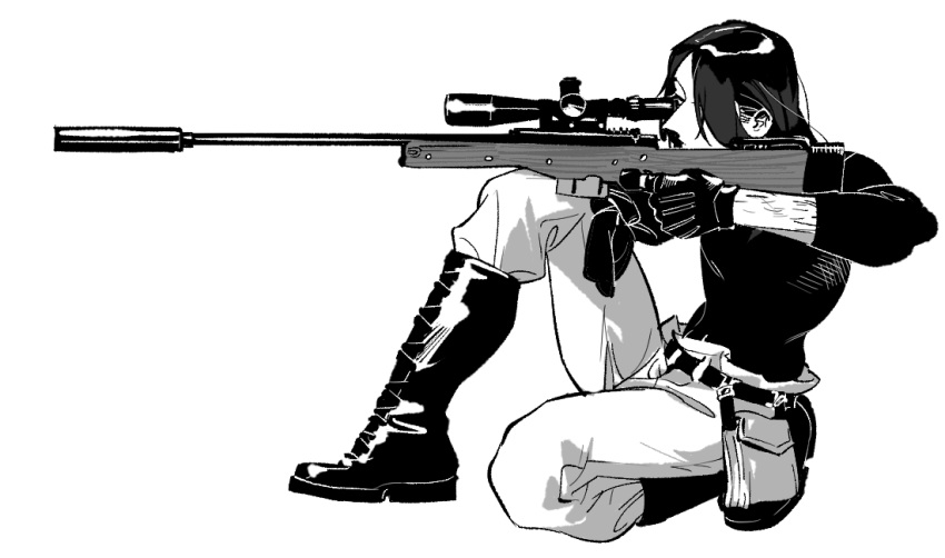 aiming, amputee, baisha, black_footwear, black_gloves, black_hair, black_sweater, boots, gloves, gun, holding, holding_weapon, katana_zero, leon_von_alvensleben, long_hair, military, military_uniform, rifle, sniper, sniper_rifle, sniper_scope, sweater, turtleneck, turtleneck_sweater, uniform, veteran, weapon