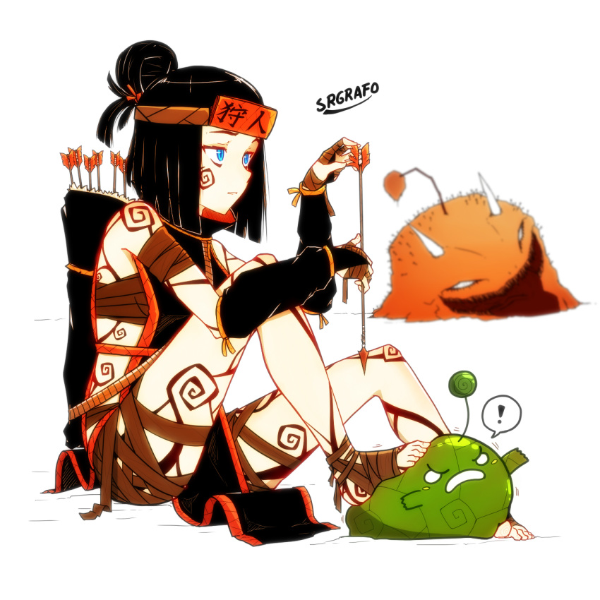 1girl, alternate_hairstyle, ankle_wrap, arm_wrap, arrow, bags_under_eyes, black_hair, blue_eyes