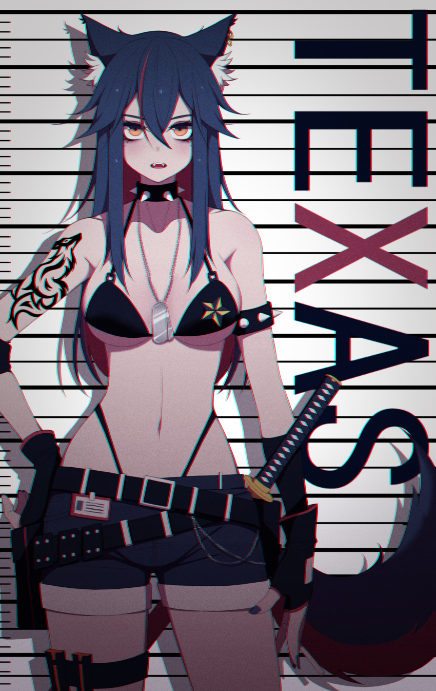 1girl, absurdres, animal_ear_fluff, animal_ears, arknights, armband, bangs, bare_arms, bare_shoulders, belt, bikini, black_belt, black_bikini, black_collar, black_gloves, black_hair, black_nails, blue_shorts, brown_eyes, character_name, chromatic_aberration, collar, collarbone, commentary, cowboy_shot, dog_tags, drop_shadow, earrings, eyeliner, fangs, fingerless_gloves, gloves, grey_background, hair_between_eyes, hand_on_hip, highleg, highleg_bikini, highres, holster, honeybat, jewelry, katana, long_hair, looking_at_viewer, makeup, multicolored_hair, nail_polish, navel, necklace, open_mouth, redhead, scabbard, sheath, sheathed, short_shorts, shorts, shoulder_tattoo, sidelocks, solo, spiked_collar, spikes, standing, star, star_print, stomach, streaked_hair, swimsuit, sword, tail, tattoo, texas_(arknights), thigh_holster, thighs, weapon, wolf_ears, wolf_tail