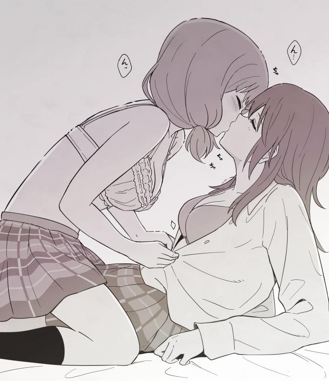 2girls, bang_dream!, bangs, blush, bra, closed_eyes, frilled_bra, frills, from_side, greyscale, haneoka_school_uniform, kiss, kneehighs, long_hair, long_sleeves, low_twintails, miniskirt, monochrome, multiple_girls, no_shirt, plaid, plaid_skirt, pleated_skirt, reclining, school_uniform, shibasaki_shouji, shirt, skirt, straddling, twintails, udagawa_tomoe, uehara_himari, unbuttoning, underwear, undressing, yuri