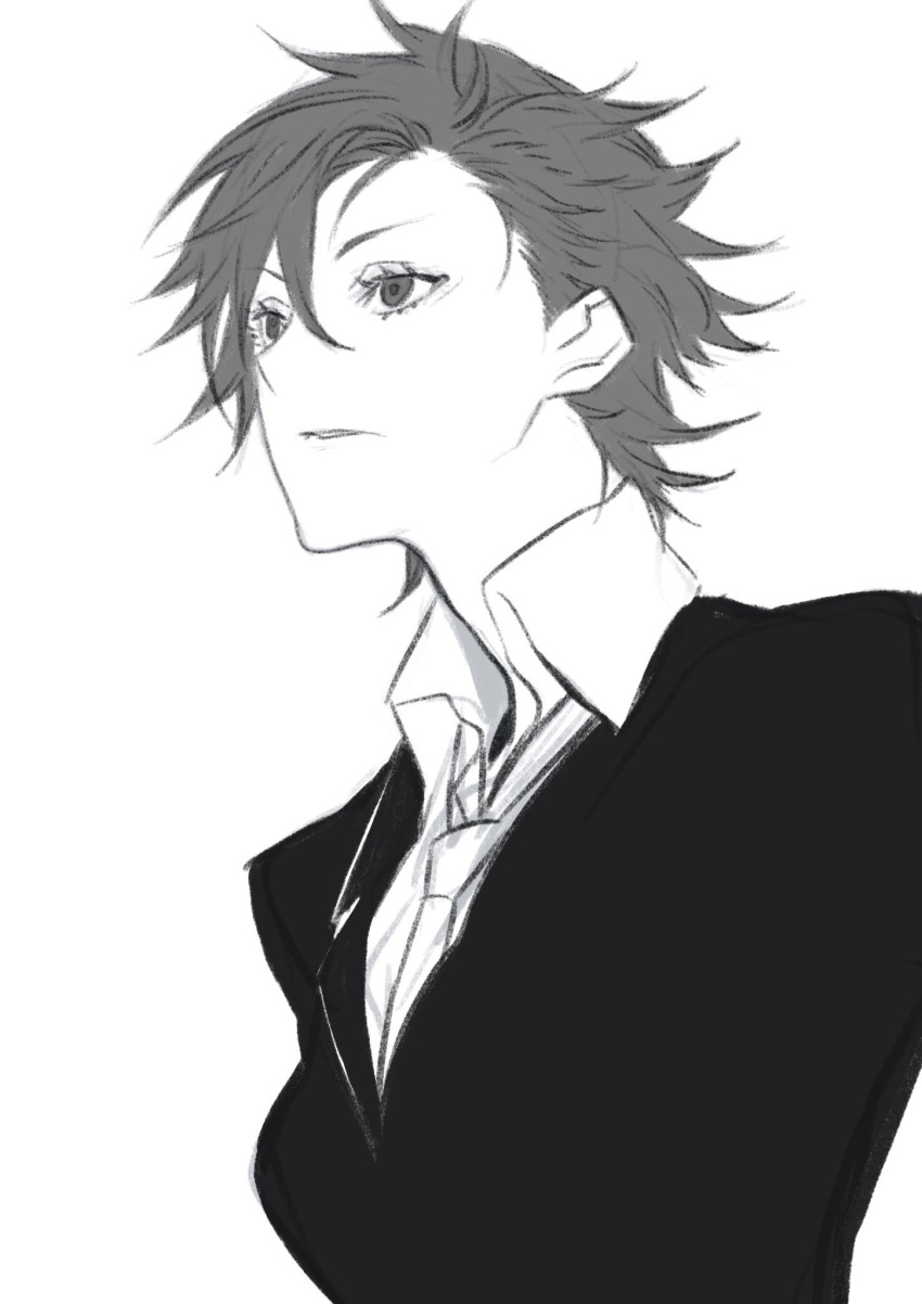 1girl, androgynous, formal, highres, kisaragi_mao, male_focus, miwa_shirou, monochrome, necktie, psycho-pass, short_hair, sketch, solo, spiky_hair, suit, upper_body