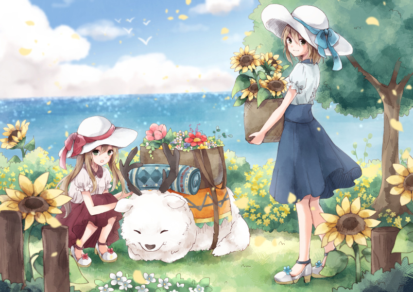 2girls, absurdres, animal, blonde_hair, commentary, flower, green_eyes, hat