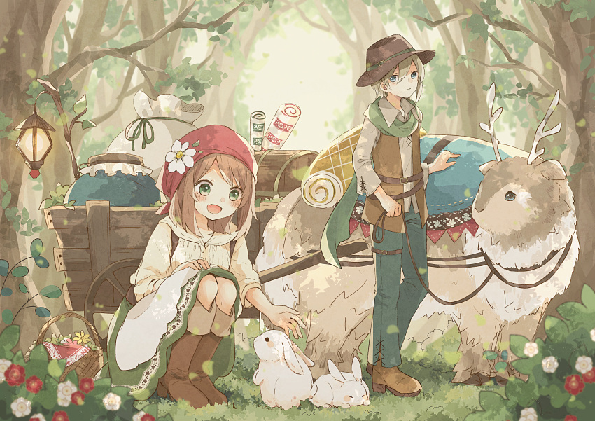 1boy, 1girl, :d, absurdres, animal, antlers, apron, basket
