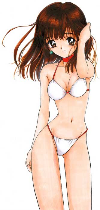 bikini, breasts, brown_eyes, brown_hair, choker, cleavage, earrings, jewelry