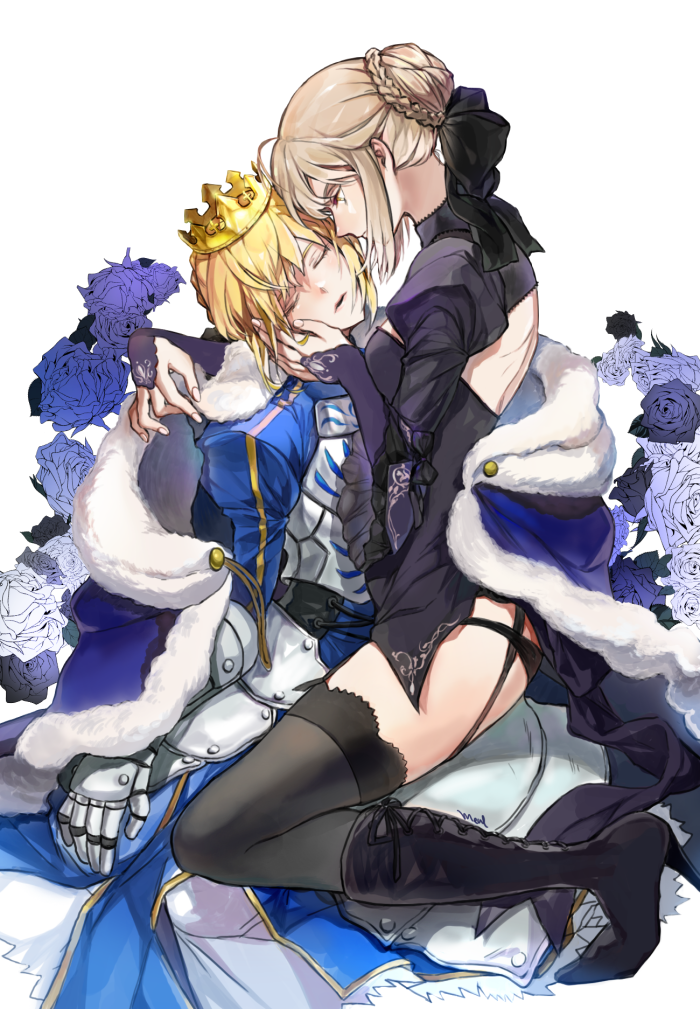 2girls, ahoge, armor, armored_dress, artoria_pendragon_(all), back_cutout, black_dress, black_footwear, black_legwear, black_panties, blonde_hair, boots, braid, closed_eyes, crown, dress, fate/stay_night, fate_(series), flower, french_braid, fur_coat, garter_straps, gauntlets, hand_on_another's_face, high_heel_boots, high_heels, juliet_sleeves, long_sleeves, looking_at_another, mameal369, multiple_girls, open_mouth, panties, puffy_long_sleeves, puffy_sleeves, saber, saber_alter, selfcest, shrug_(clothing), thigh-highs, underwear, yellow_eyes, yuri
