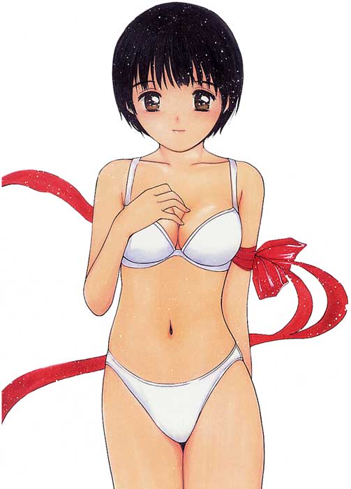 black_hair, breasts, brown_eyes, cleavage, navel, ribbon, short_hair, shoya_virgin_night
