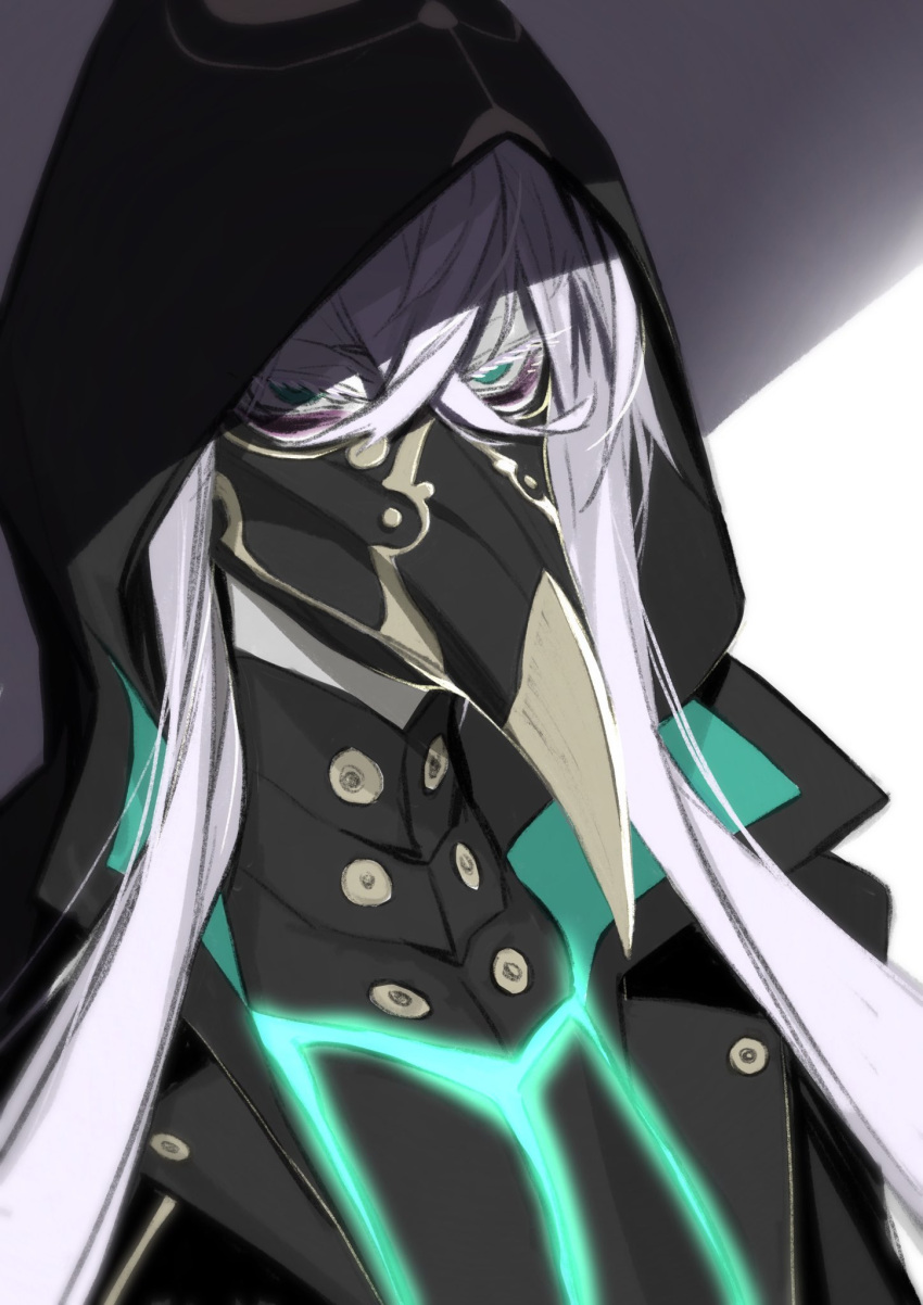 1boy, asclepius_(fate/grand_order), fate/grand_order, fate_(series), glasses, green_eyes, hair_between_eyes, highres, hood, long_hair, mask, miwa_shirou, neon_trace, plague_doctor_mask, portrait, solo, white_hair
