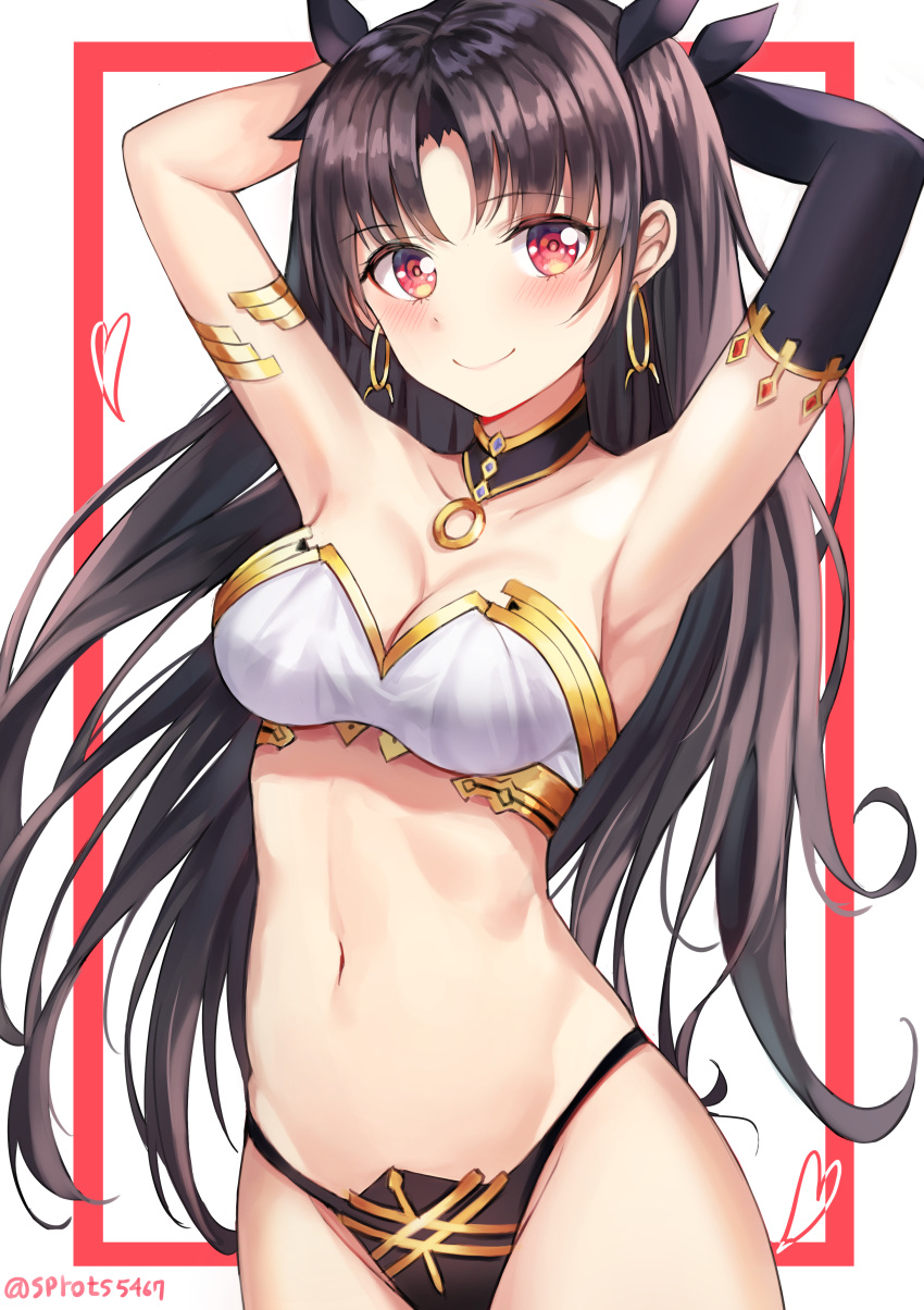 1girl, absurdres, armlet, armpits, arms_behind_back, asymmetrical_sleeves, bandeau, bangs