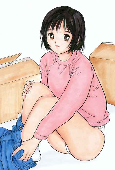 ai, ai-ren, box, brown_eyes, jeans, jpeg_artifacts, panties, short_hair, shoya_virgin_night, sitting, smile, socks, solo, tanaka_yutaka, underwear, undressing, white_panties