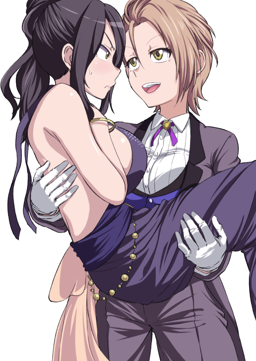 2girls, backless_dress, backless_outfit, bare_shoulders, blazer, blush, bracelet, breasts