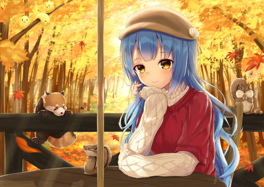 1girl, animal, autumn, azur_lane, beret, chin_rest, fence, forest