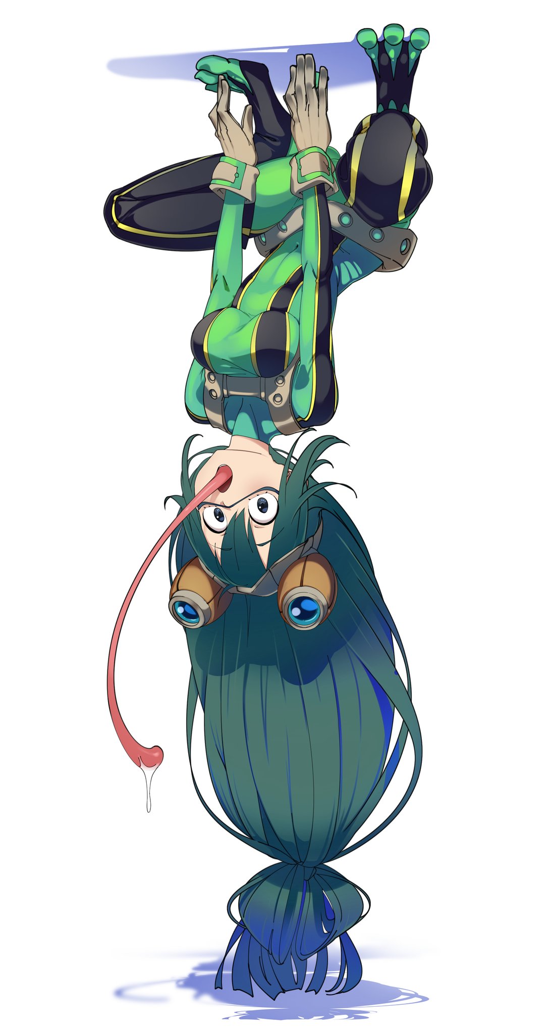 animal_costume, asui_tsuyu, bodysuit, boku_no_hero_academia, frog_costume, frog_girl, goggles, goggles_on_head, green_bodysuit, green_eyes, hair_rings, highres, long_hair, long_tongue, low-tied_long_hair, prehensile_tongue, saliva, shinomu_(cinomoon), tongue, upside-down, very_long_tongue