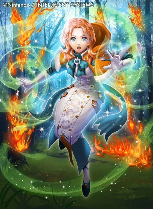 1girl, annette_fantine_dominic, blue_eyes, company_name, copyright_name, dress, fire, fire_emblem, fire_emblem:_three_houses, fire_emblem_cipher, full_body, gloves, grass, misa_tsutsui, official_art, open_mouth, orange_hair, solo, tree, white_gloves, white_legwear