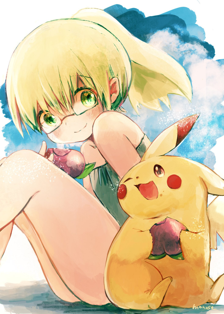 1girl, blonde_hair, blue_sky, blush, clouds, crossover, eating, food, fruit, glasses, green_eyes, highres, made_in_abyss, monose, one_eye_closed, open_mouth, peach, pikachu, pokemon, ponytail, riko_(made_in_abyss), signature, sitting, sitting_on_ground, sky, smile, strapless, tubetop