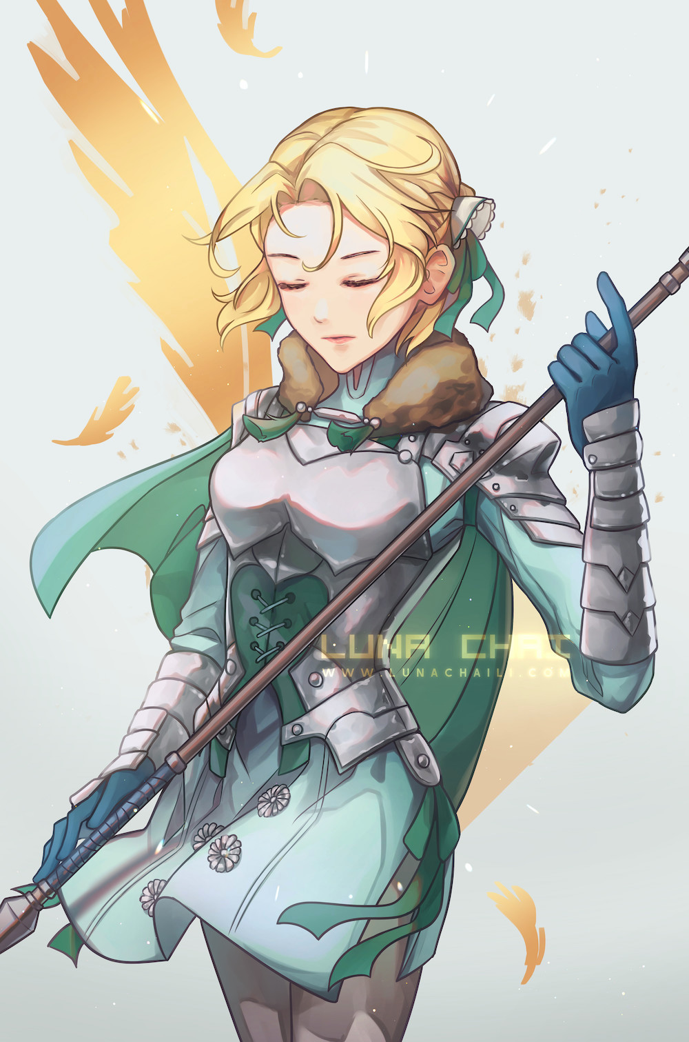 1girl, armor, artist_name, blonde_hair, blue_gloves, cape, closed_eyes, closed_mouth