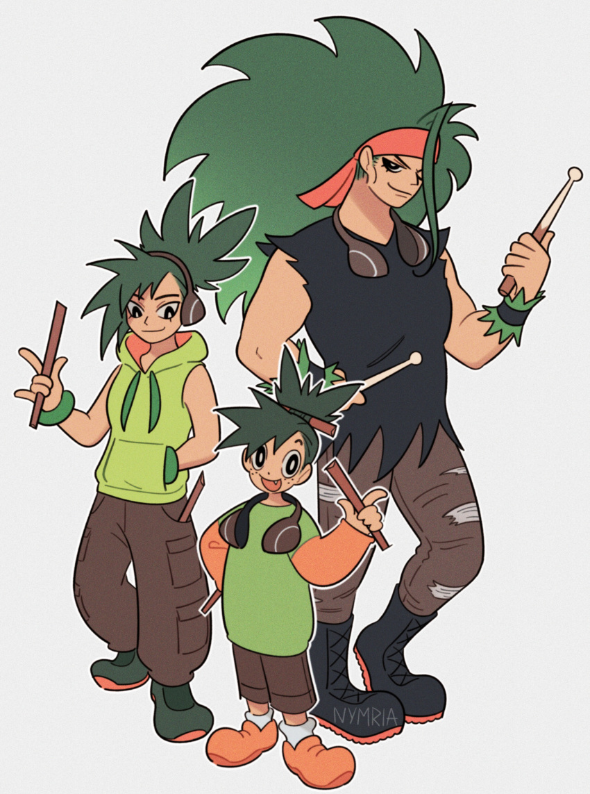 3girls, absurdres, age_progression, black_eyes, black_shirt, boots, bright_pupils, brown_pants