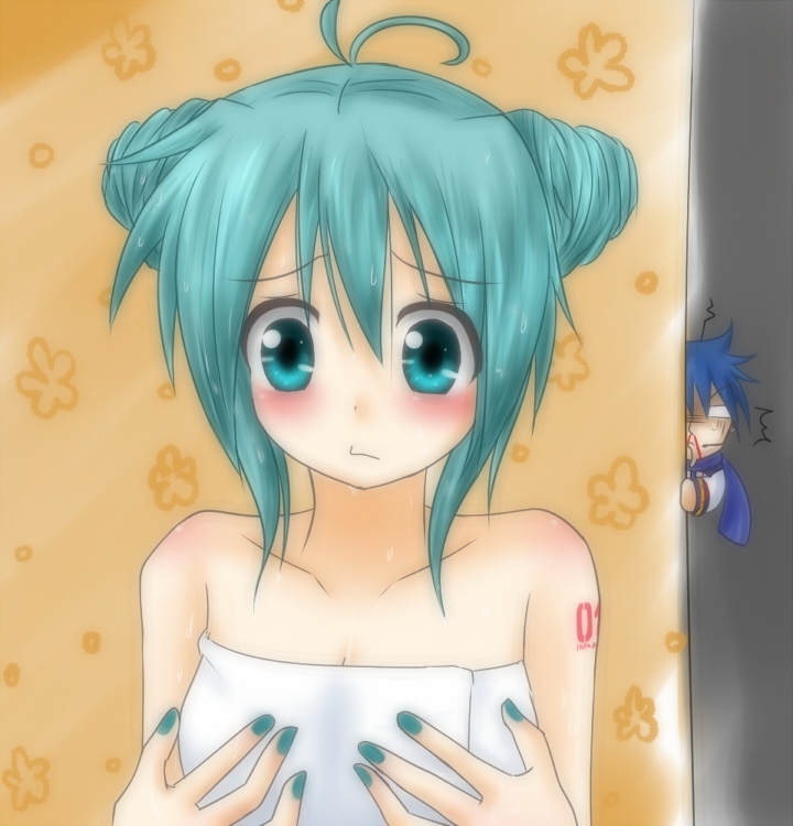 blood, blue_hair, blush, breast_grab, breasts, green_eyes, green_hair, hatsune_miku
