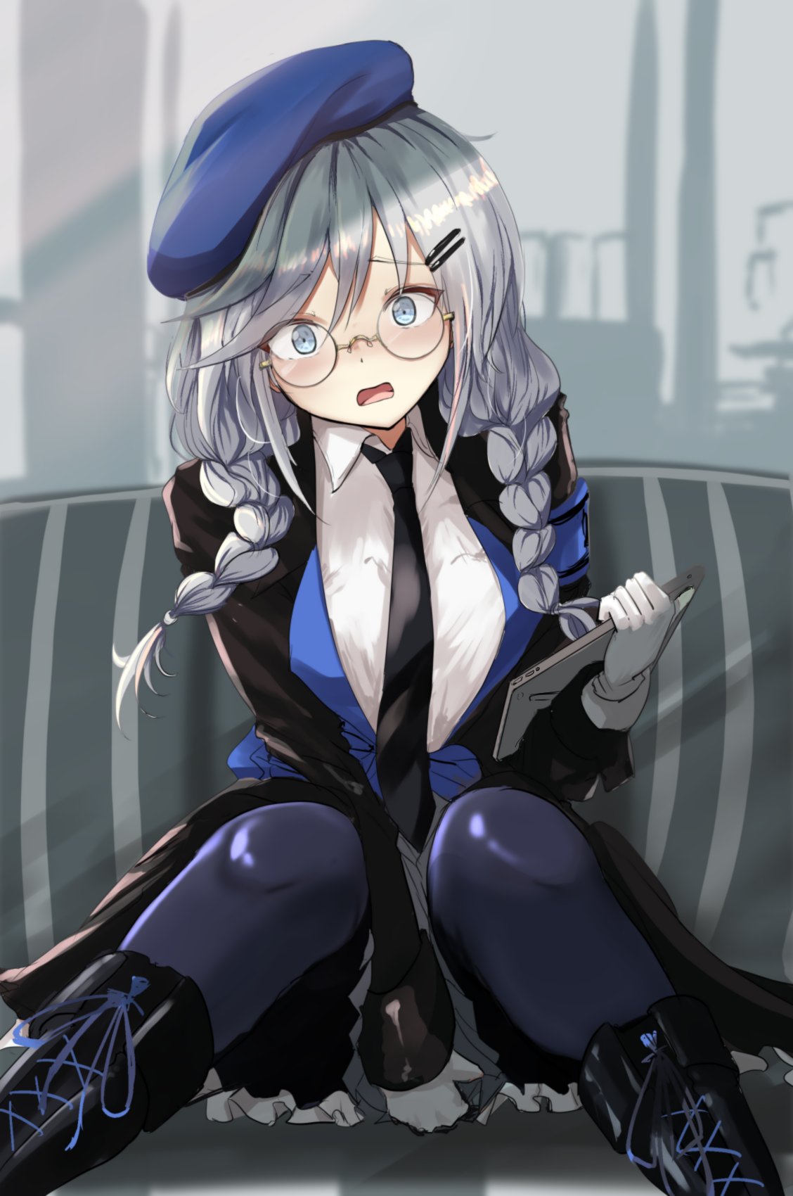 1girl, armband, bangs, beret, black_footwear, black_neckwear, blue_eyes, blue_headwear