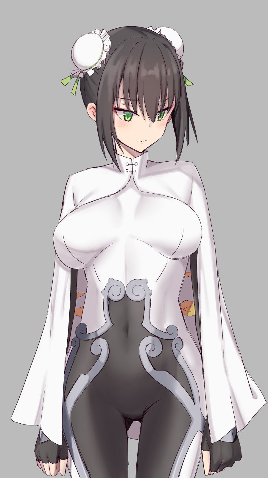 1girl, bangs, black_gloves, black_hair, blush, bodysuit, breasts, bun_cover