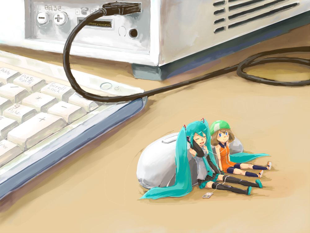 azuma_yukihiko, bad_id, bandana, chibi, computer, computer_keyboard, digital_media_player, haruka_(pokemon)