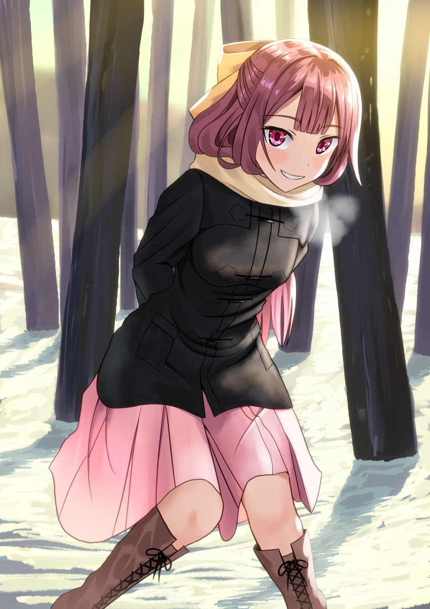 1girl, absurdres, alternate_costume, arms_behind_back, beige_scarf, black_coat, boots, brown_footwear