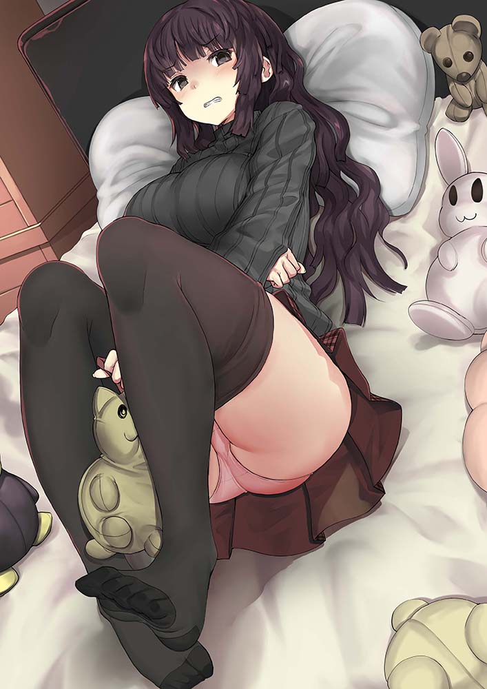 1girl, bangs, black_eyes, black_legwear, black_panties, blush, breasts, clenched_teeth