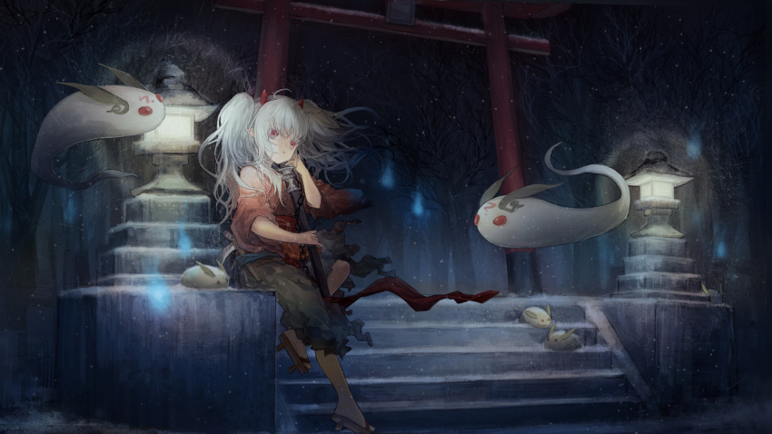1girl, ahoge, bangs, bare_tree, blue_fire, chain, commentary_request, demon_girl
