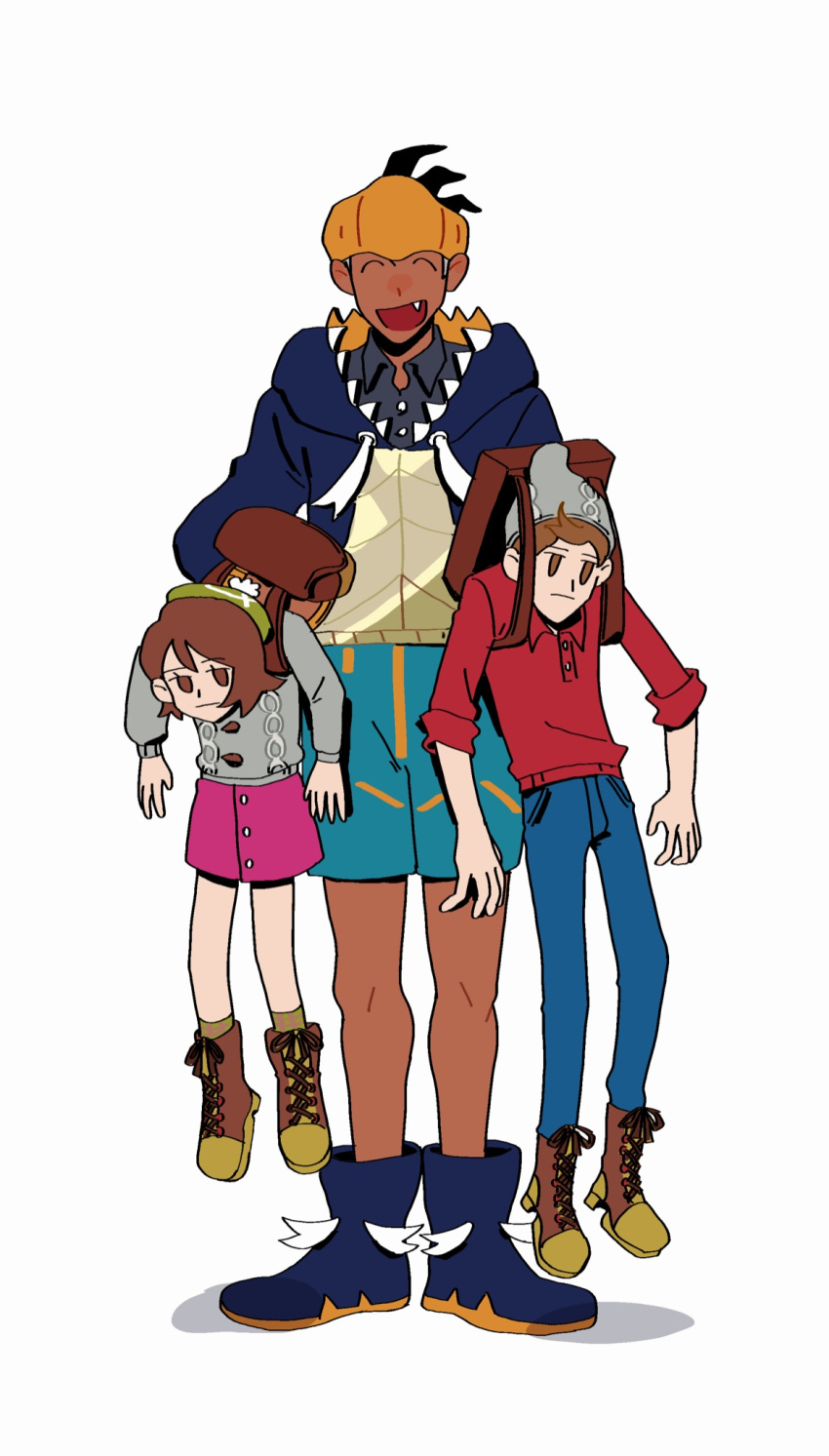 1girl, 2boys, backpack, bag, beanie, black_hair, boots, brown_eyes