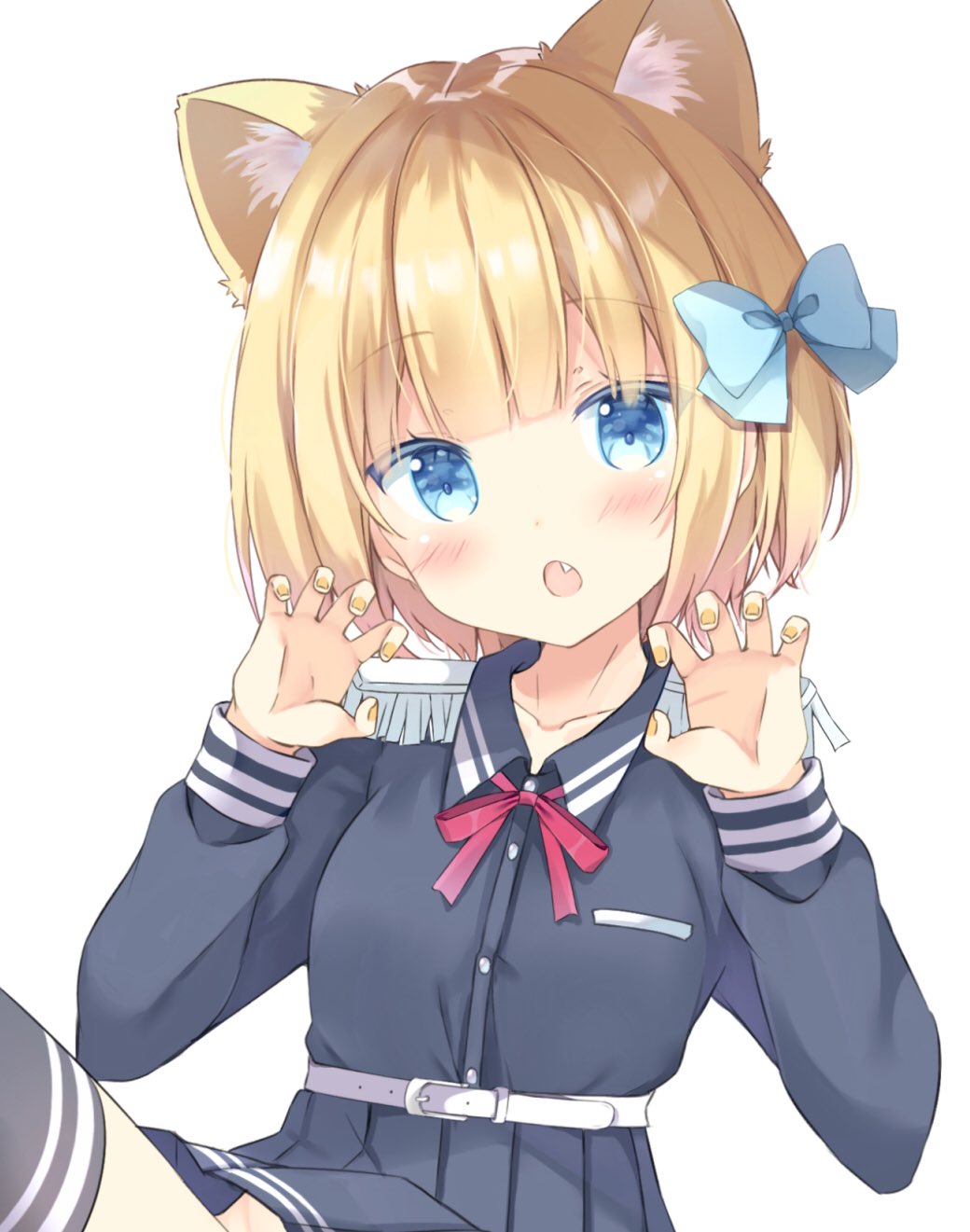 1girl, :o, animal_ear_fluff, animal_ears, belt, belt_buckle, black_legwear, black_shirt