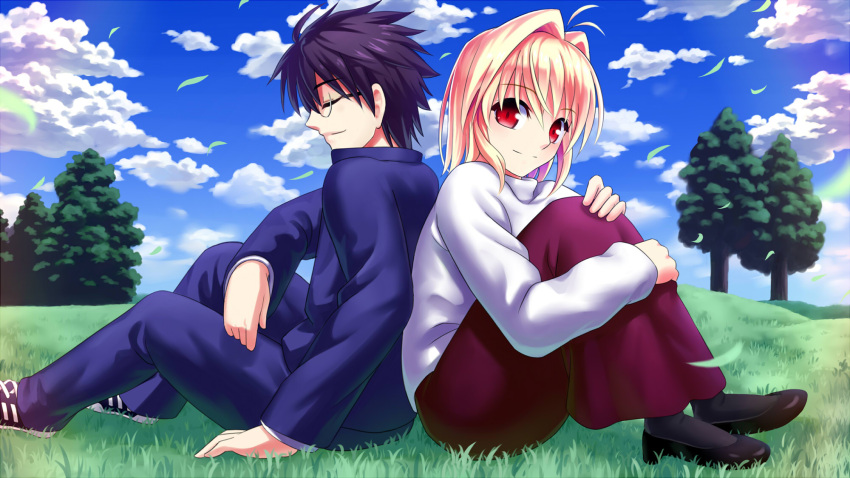 1boy, 1girl, ahoge, arcueid_brunestud, black_hair, black_legwear, blonde_hair, breasts, clouds, cloudy_sky, commentary, couple, egnis, glasses, grass, hair_intakes, highres, leaf, long_skirt, long_sleeves, pantyhose, purple_skirt, red_eyes, school_uniform, short_hair, sitting, skirt, sky, smile, sweater, toono_shiki, tree, tsukihime, tukihimegoto, turtleneck