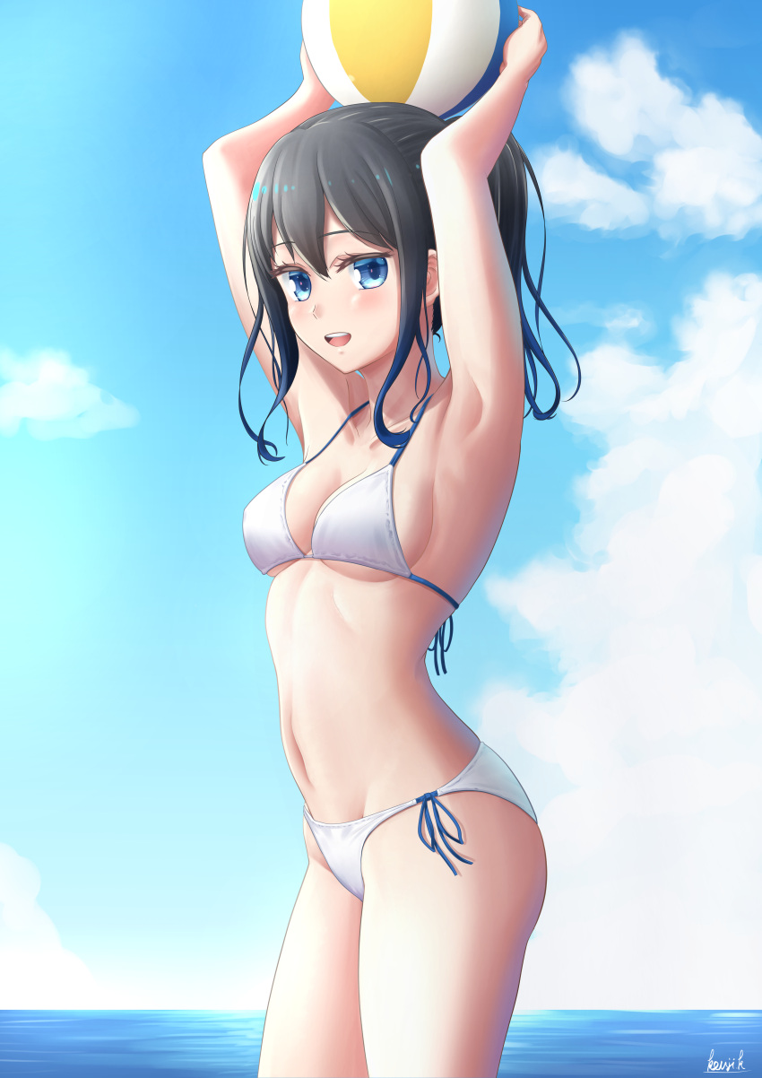 1girl, absurdres, armpits, arms_up, ball, beachball, bikini, black_hair, blue_eyes, blue_sky, clouds, cowboy_shot, day, highres, horizon, hoshikawa_shiori, kayama_kouji, long_hair, looking_at_viewer, ocean, original, outdoors, ponytail, side-tie_bikini, sky, solo, standing, swimsuit, white_bikini