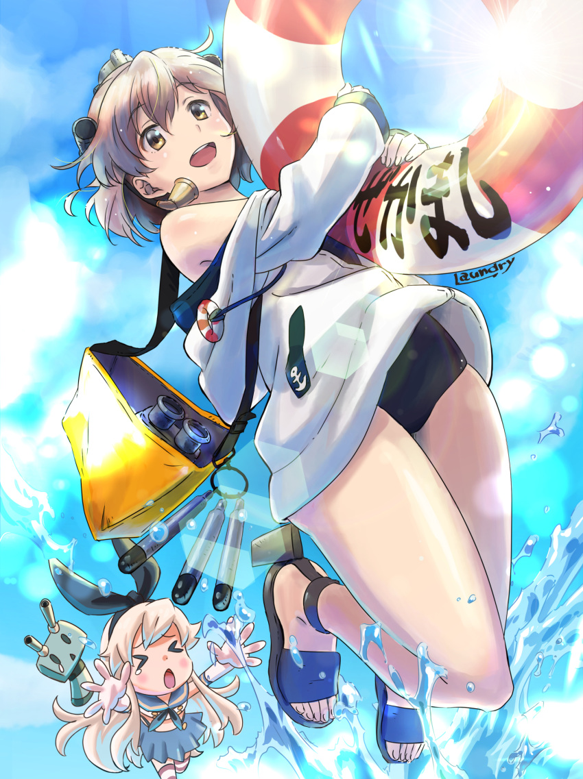 >_<, 2girls, alternate_costume, anchor_symbol, bag, black_swimsuit, blue_sky, brown_eyes, brown_hair, character_name, chasing, clouds, commentary_request, day, drawstring, headgear, headset, highres, hood, hooded_jacket, hoodie, jacket, kantai_collection, lifebuoy, looking_at_viewer, multiple_girls, open_mouth, outdoors, randorii, rensouhou-chan, round_teeth, sandals, school_uniform, shimakaze_(kantai_collection), short_hair, sky, smile, solo_focus, speaking_tube_headset, swimsuit, teeth, translation_request, upper_teeth, white_jacket, yukikaze_(kantai_collection)