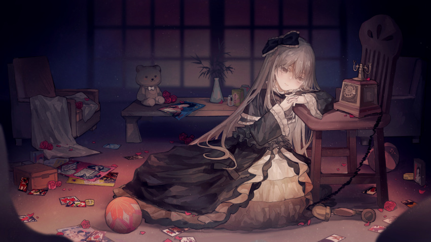 1girl, armchair, ball, bangs, blank_eyes, blank_stare, bow, box