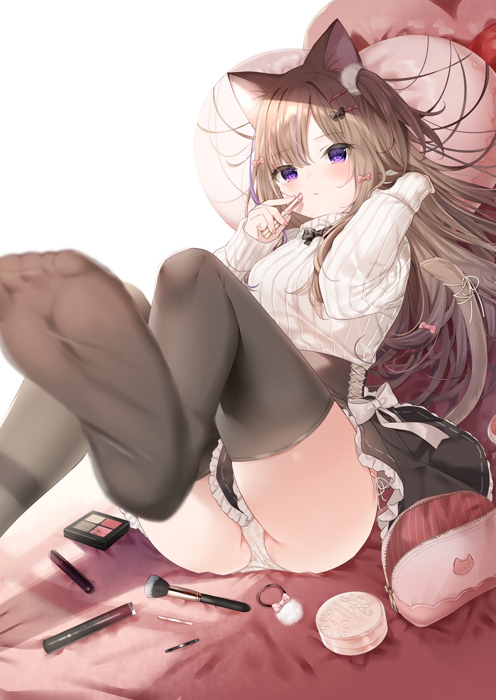 1girl, animal_ear_fluff, animal_ears, black_legwear, black_skirt, blurry, blurry_foreground, blush, breasts, brown_hair, cat_ears, cat_girl, cat_tail, closed_mouth, commentary, depth_of_field, frilled_skirt, frills, hair_ornament, hairclip, has_bad_revision, has_cropped_revision, highres, holding, holding_lipstick_tube, leo_(mafuyu), lipstick, long_hair, long_sleeves, looking_at_viewer, mafuyu_(chibi21), makeup, medium_breasts, multicolored_hair, no_shoes, one_side_up, original, panties, purple_hair, ribbed_sweater, ribbon, side-tie_panties, skirt, sleeves_past_wrists, soles, solo, streaked_hair, sweater, symbol_commentary, tail, tail_raised, tail_ribbon, thigh-highs, twitter_username, underwear, very_long_hair, violet_eyes, white_panties, white_ribbon, white_sweater