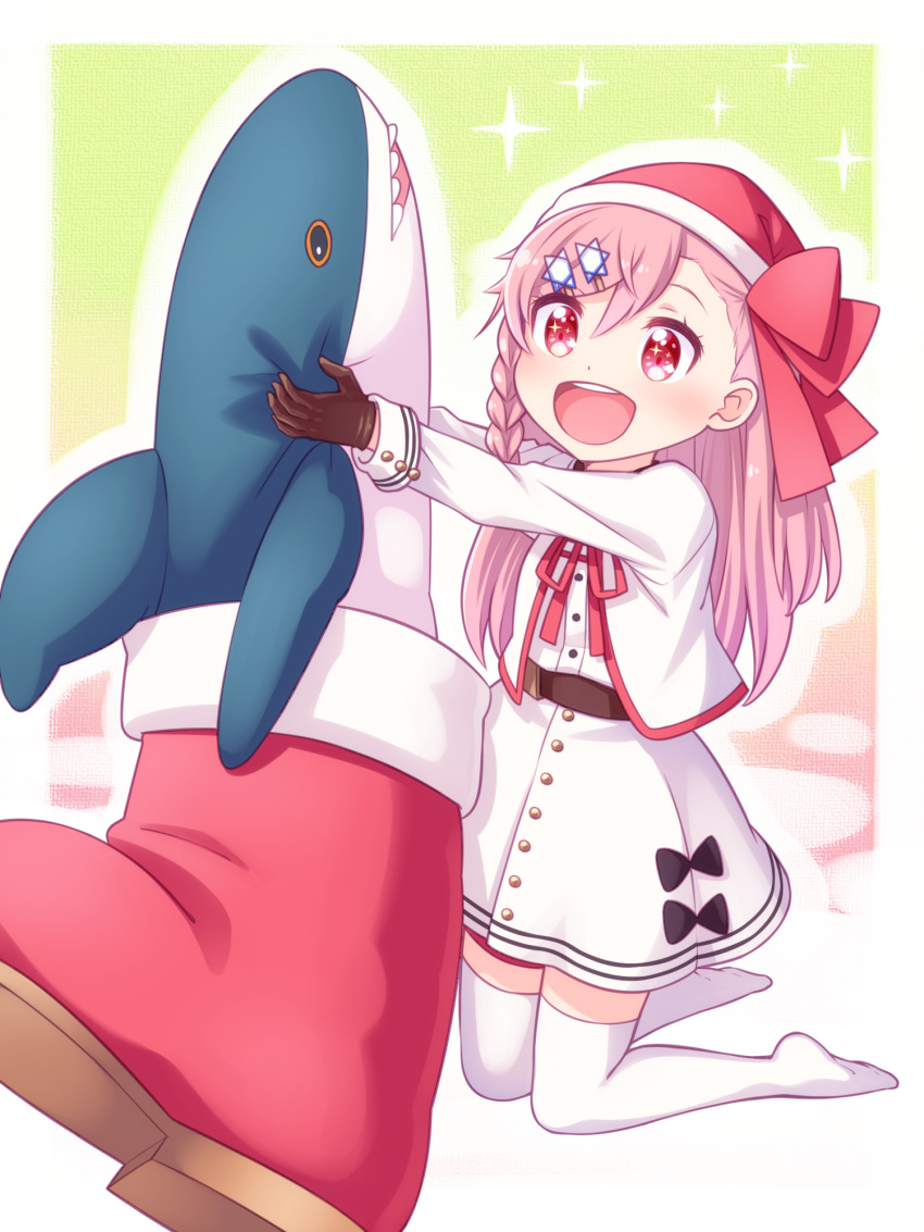 bow, girls_frontline, hair_ribbon, haradasan, hat, hexagram, highres, long_hair, negev_(girls_frontline), one_side_up, pink_hair, red_bow, red_eyes, ribbon, santa_hat, skirt, sparkling_eyes, star_of_david, stuffed_animal, stuffed_shark, stuffed_toy, white_legwear, white_skirt