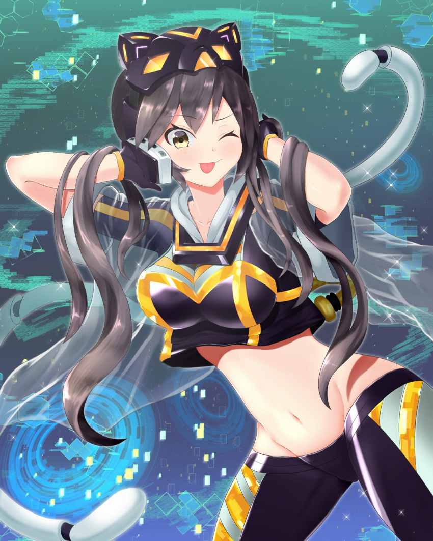 1girl, ;p, armpits, bangs, black_gloves, black_shirt, breasts, brown_hair