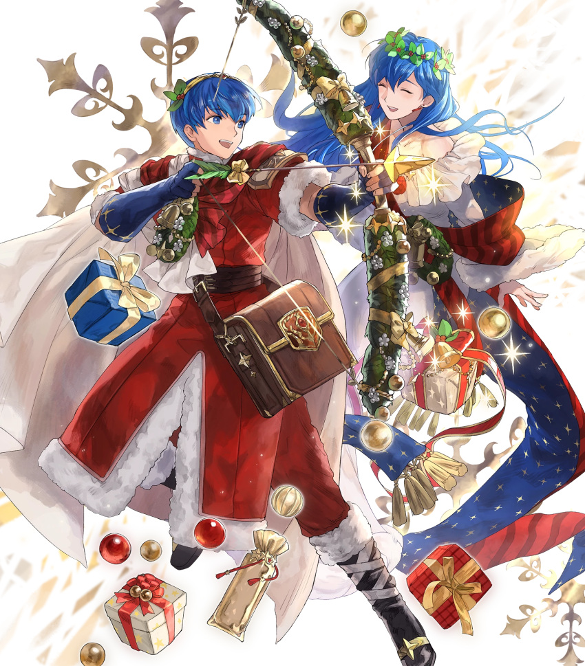 1boy, 1girl, arrow, bag, bell, blue_eyes, blue_hair, boots