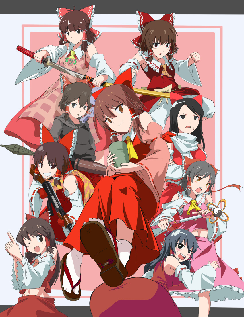 6+girls, aasamu, absurdres, ak-47, apron, assault_rifle, benikurage, black_hair