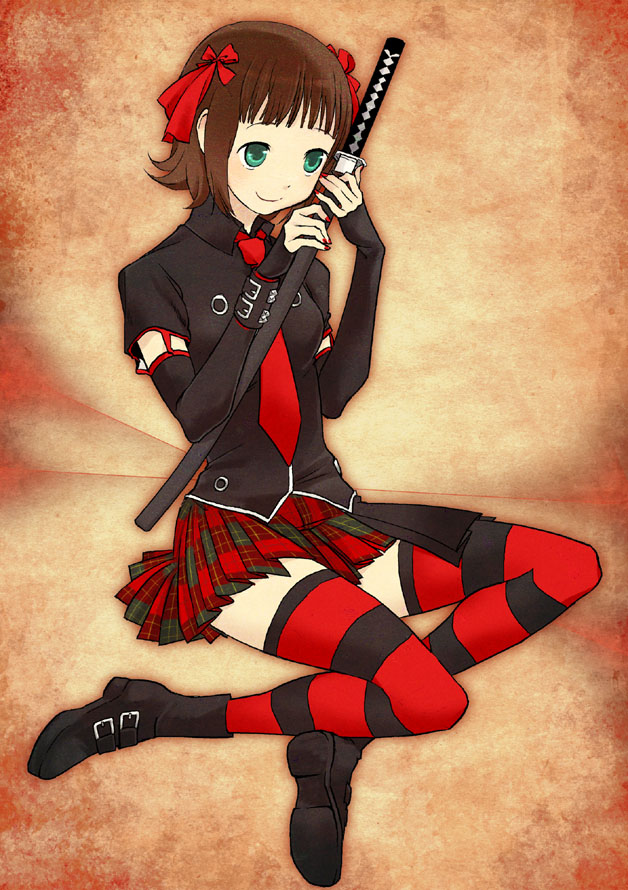 boots, bow, brown_hair, dark_haruka, elbow_gloves, fingerless_gloves, gloves, green_eyes, hair_bow, idolmaster, katana, necktie, plaid, plaid_skirt, punk, punkish_gothic, red_nails, ribbon, ribbons, short_hair, sitting, skirt, smile, striped, striped_legwear, striped_thighhighs, sword, tartan, thigh-highs, thighhighs, weapon, yoichi_(pixiv55050), zettai_ryouiki